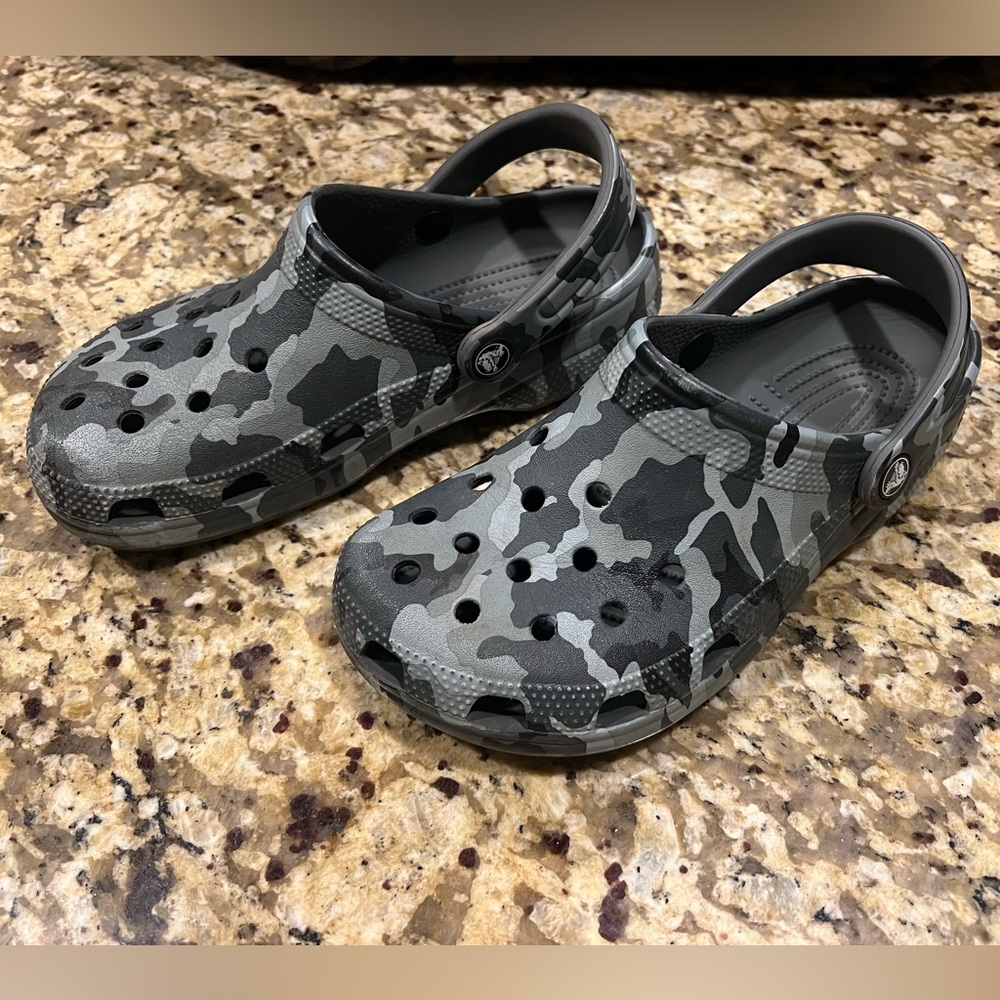 Gray and black camouflage crocs